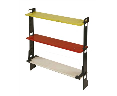 A powder-coated wall shelf, by Tomado, Holland, 47.5cm wide, and a two-tier teak wall unit, 60cm wide (2)