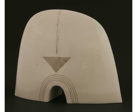 *James Campbell (b.1942), a white opening ceramic sculpture, with incised panels and inscribed 'James Campbell 1978 78:17', 3