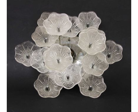 A pair of fifteen-light glass and chrome ceiling lights, with moulded petal shades, 46cm diameter 20cm high (2)
