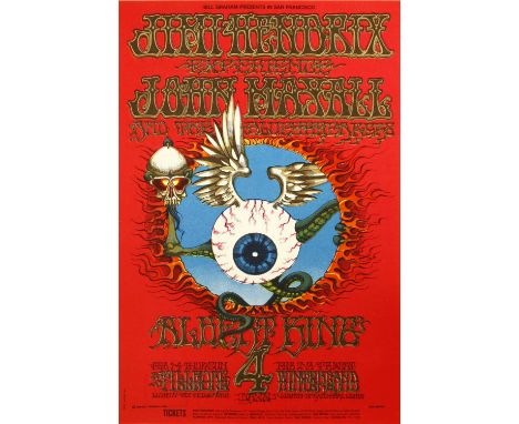 A rare Jimi Hendrix flying eyeball handbill/postcard an American lithograph handbill/postcard for 'Bill Graham presents Jimi 