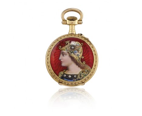 PENDANTIF IN ORO E SMALTI, 1890 CIRCA Cassa: n. 37302, quattro corpi in oro 18K, fondello decorato in smalto guilloché rosso 