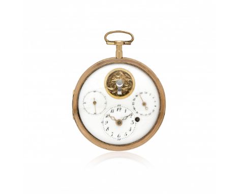 OROLOGIO IN ORO CON CALENDARIO, 1800 CIRCA Cassa: due corpi in oro. Quadrante: in smalto bianco, bilanciere con coq traforato