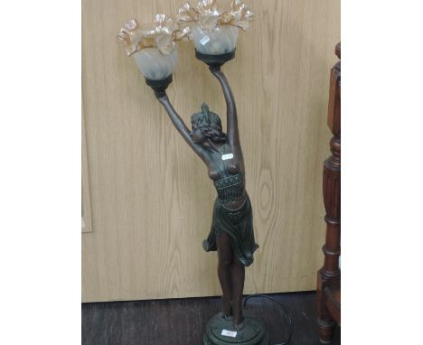 A modern lamp modelled as Art Nouveau maiden holding her glass shades