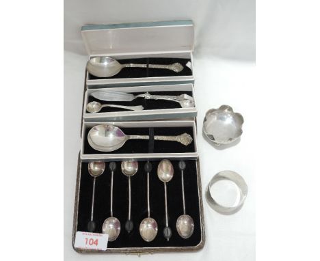 A selection of HM silver including a cased set of teaspoons having coffee bean knops, a napkin ring, two salt spoons, two jam