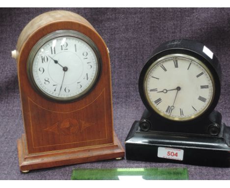 A Victorian ebonized treen mantel clock having roundel face and Roman numeral dial and an Edwardian mahogany frame mantel clo