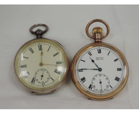 A white metal key wound pocket watch stamped 935 having a Roman numeral dial with subsidiary seconds in an engine turned case