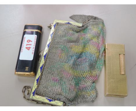A 1920's coloured enamel and chain mail ladies evening purse, a gold plated Cartier lighter numbered 43555F and a Dunhill lig