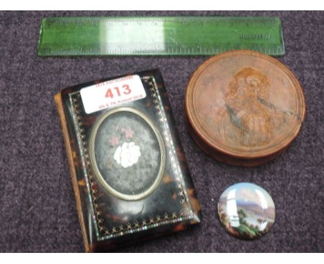 A 19th century enamel brooch centre, having enamel pictorial decoration 'Geneva' a 19th century walnut circular snuff box hav
