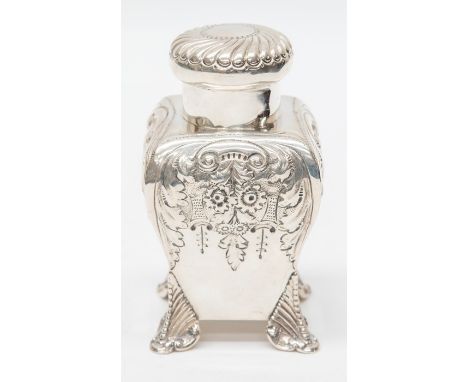 A late Victorian silver bombe shaped tea canister, the detachable cover with gadroon fluting, the body chased with floral tre