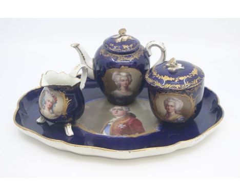 A Sevres-style part cabaret set, circa 1890, painted with portraits of King Louis XVI and Marie Antoinette signed Leber, comp