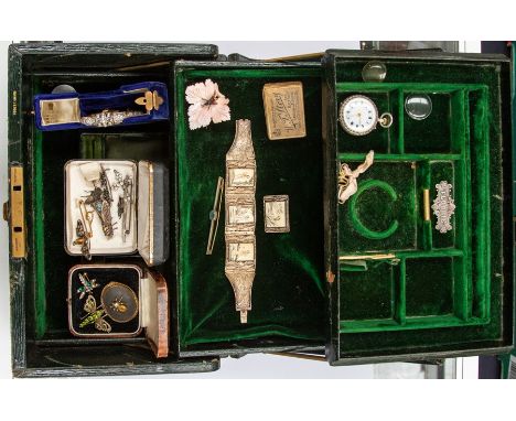 Entomology interest- A Victorian green leather jewellery case initialled H.O to top, to include gilt metal insect brooches se