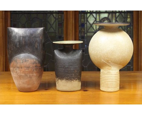 Three Edward Campden vases inspired by Lucie Rie and Hans Coper, 1997-2008, the first a footed globe vase with wide flat rim,