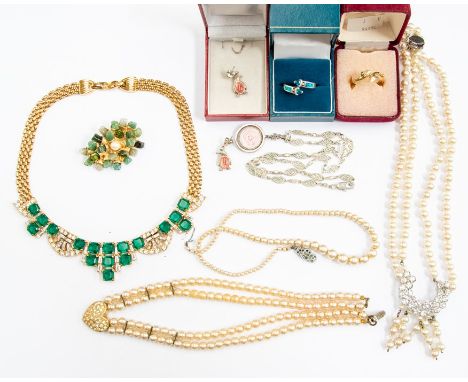 A collection of costume jewellery to include a Nina Ricci, Art Deco design gilt metal set with white and green paste, contine