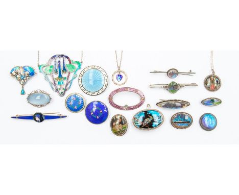 A collection of silver and enamel jewellery to include a Charles Horner brooch, blue enamel with silver leaf decoration and d