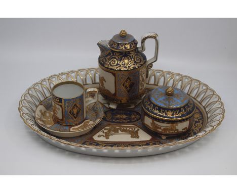 A Sevres-style cabaret coffee set, 20th Century, decorated with raised gilt scrollwork on multiple coloured panels, comrpisin