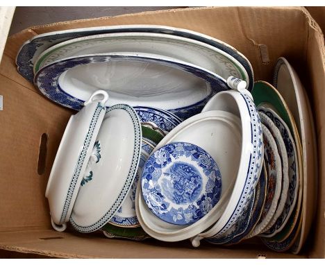 ** RE OFFER** A collection of various blue and white plates, tureens, meat plates, etc, mostly late 19th Century and later tr