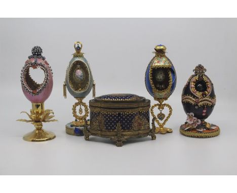 A French gilt-metal mounted enamel jewellery casket, late 19th Century, of lobed ovoid outline and decorated with flower pane