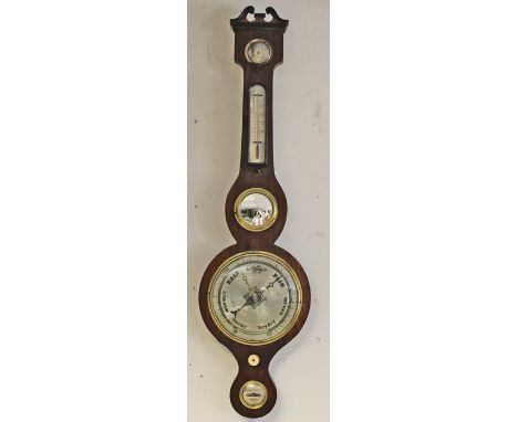 A 19th Century banjo barometer and thermometer, having a swan neck pediment