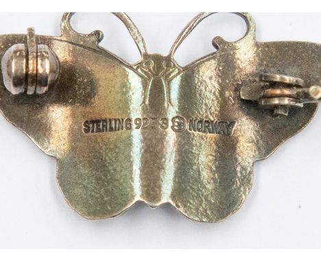 A 20th Century Norwegian sterling silver and monochromatic enamel butterfly shaped brooch, realistically painted with colour 