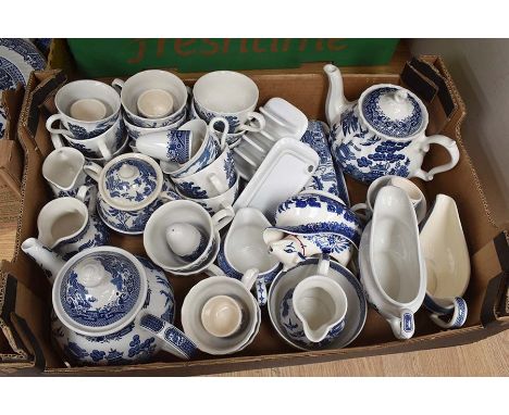 Three boxes of assorted blue and white Willow pattern ceramics by various makers, including Ironstone, Barratts of Staffordsh