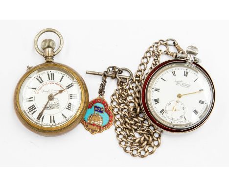 A Superior Railway Timekeeper, specially examined, late 19th Century, together with a medallion NUR brass and enamel, a watch