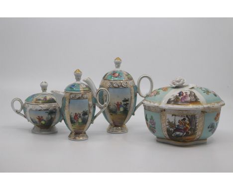 A Dresden porcelain three-piece coffee set, of ovoid shape and decorated with figures in landscapes between gilt borders and 