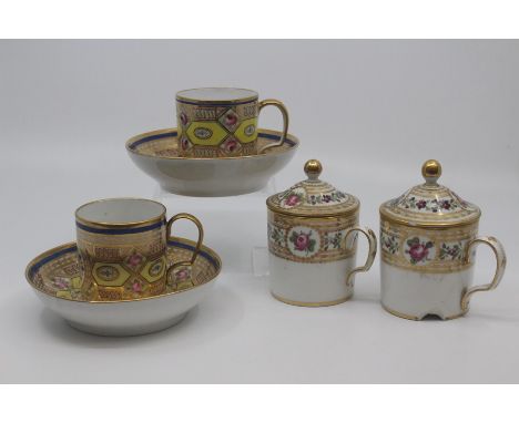 A pair of Pont aux Choux chocolate cups and covers, late 18th Century, of can form with kicked handles, decorated with 'PW' m