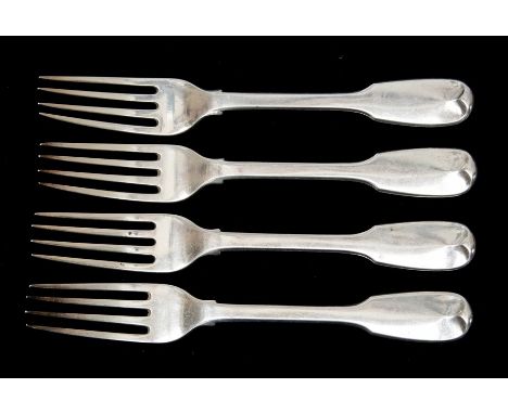 Paul Storr: A set of four George III silver fiddle pattern table forks, by Paul Storr, London, 1811, 9.63ozt CR: marks good&n