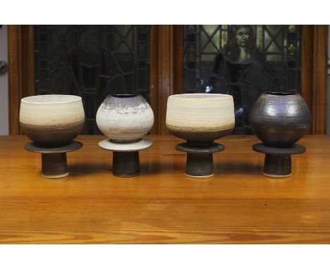 A group of Edward Campden vases inspired by Lucie Rie and Hans Coper, 1997-2005, including five footed bowls with central bla