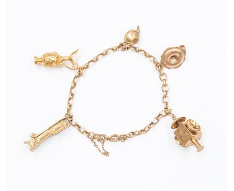 A 9ct gold charm bracelet  with five assorted charms to include a Grandfather clock, chamber stick, lamp, teapot all 9ct gold