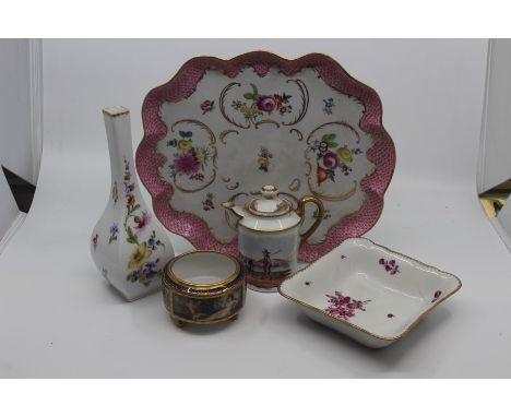 An assembled group of Continental porcelain, 19th/20th Century, including a Dresden cabaret tray, Vienna style coffee pot and