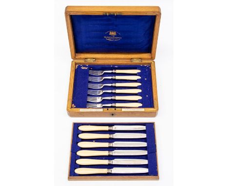 A late Victorian silver plate six piece fish knife and fork set with ivory handles, in fitted oak case, by&nbsp;Goldsmiths &a