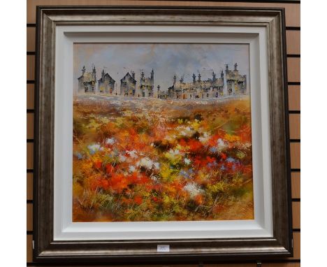 Allan Morgan, British, (1952-), evening street scene with vibrant meadow,&nbsp;original oil on board within white frame, sign