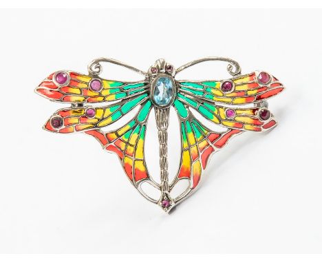 A plique a jour silver brooch/pendant in the form of an butterfly set with faceted blue topaz and garnets, length approx 40mm