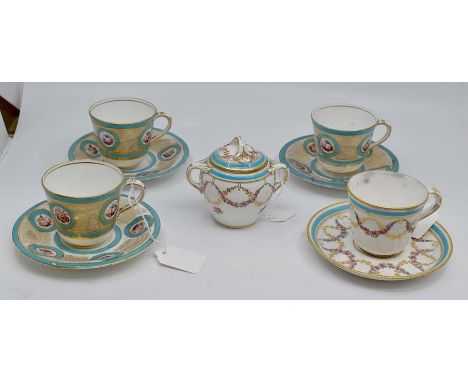 A small group of Sevres-style teawares, late 19th Century, decorated with flower swags within gilt and turquoise wax enamel b