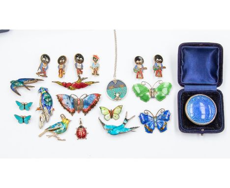 A collection of enamel jewellery to include three silver and enamel butterfly brooches (enamel losses) along with three gilt 