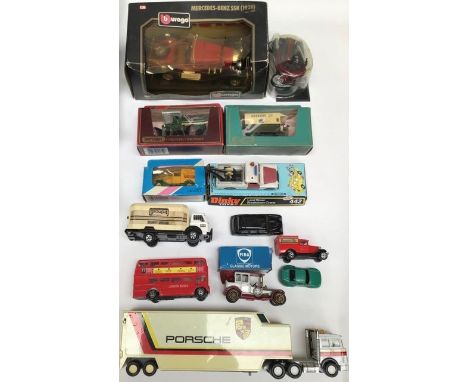 Die cast vehicle collection including Dinky Land Rover, Porsche racing car transporter, etc. Playworn, along with two small M