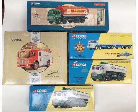 Corgi Classics Leyland Tanker, two Power tankers, one ERF flatbed and one AEC Fire Engine. All boxed in excellent condition. 