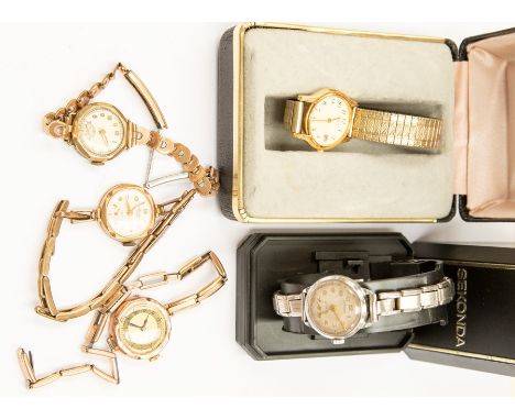 A collection of assorted ladies wristwatches, including a 9ct gold cocktail watch with a 9ct gold on silver expandable strap,