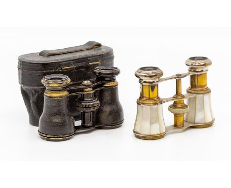 A pair of late Victorian adjustable opera glasses, with mother-of-pearl surrounds, silver plated on brass, together with a fu