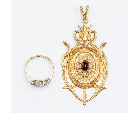 An Edwardian diamond and 18ct gold ring, size L1/2, total gross weight approx 2.2gms&nbsp; along with a garnet and seed pearl