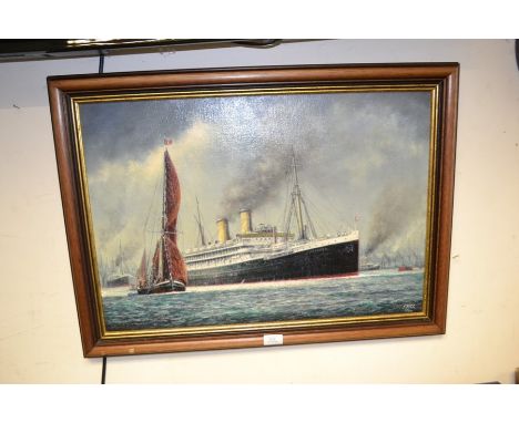 &nbsp;Jack Rigg, British,&nbsp; (1927 - ), 'On the Thames', S S Ontario, Orient Line, oil on board, signed l r and verso, 43 