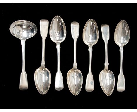 A collection of 19th century plain fiddle pattern flatware including: a set of five George IV silver plain fiddle pattern des