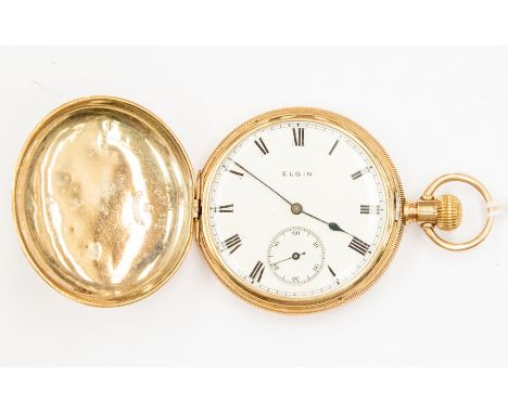 A 9ct gold Elgin hunter pocket watch, white enamel dial, Roman numerals and subsidiary dial, dial diameter approx 40mm, case 