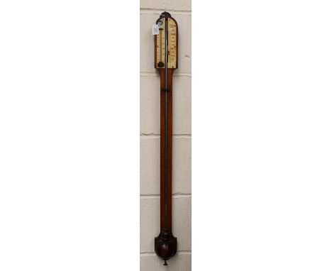 A Negretti &amp; Zambra, London 19th Century oak cased stick thermometer and barometer, ivory gauge plate to top, the lower h