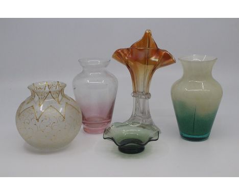 A group of five decorative glass items, 20th Century, including a Caithness ovoid vase, 13cm, and a 'carnival' type lily vase