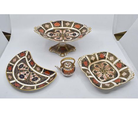 A Royal Crown Derby 1128 bonbon dish, 1128 cake stand, 1128 crescent dish and a 1128&nbsp;miniature teapot, all first quality