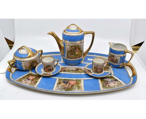A Bohemian porcelain Vienna-style cabaret coffee set, circa 1925-35, decorated with printed scenes of courting couples on a m