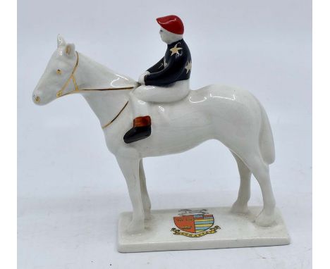Carltonware, Hobbs Bros, Newmarket crested ware race horse and jockey. Black jersey with stars, red helmet. Newmarket crest. 