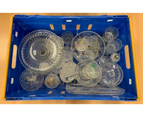 A box of assorted cut and pressed glass, including scent bottles, one with a silver mount, a cake stand, bowls, beakers, tumb